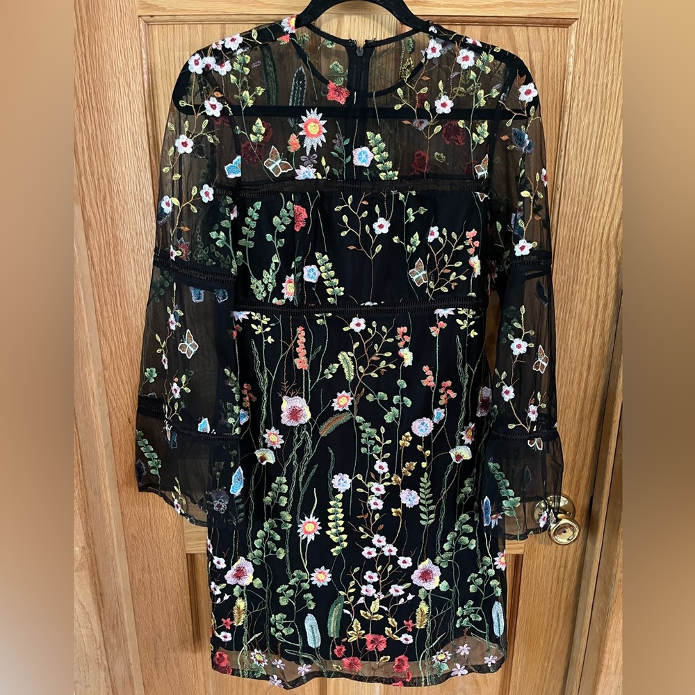 Nanette Lepore Black Dress with Colorful Floral Embroidery